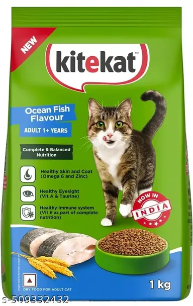 Kitekat Adult Cat Food 370g Ocean Fish Flavour| Premium Dry Cat Food for All Breeds Complete Nutrition Creamy Cat Treats Crab 60g Flavor Healthy Skin Eyes and Bones thumbnail 1