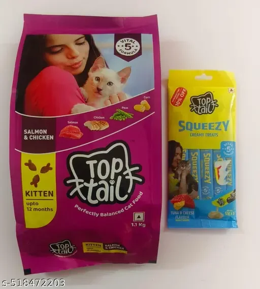 Top Tail Kitten Dry Cat Food | 1.1 Kg | Salmon & Chicken Flavour | Premium Cat Food for Kittens (Up to 12 Months) | Toptail Tuna & Cheese Flavour Lickable Treats|60g image 1