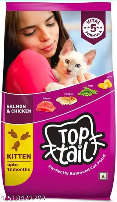 Top Tail Kitten Dry Cat Food | 1.1 Kg | Salmon & Chicken Flavour | Premium Cat Food for Kittens (Up to 12 Months) | Toptail Tuna & Cheese Flavour Lickable Treats|60g thumbnail 1