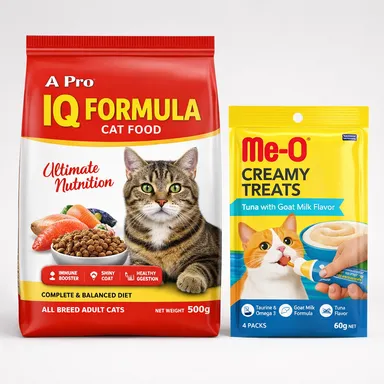 A Pro IQ Formula Cat Food 500gm | Me O Creamy Cat Treats Tuna with Goat Milk Flavor 60gm | Premium Cat Food for All Breeds thumbnail 0