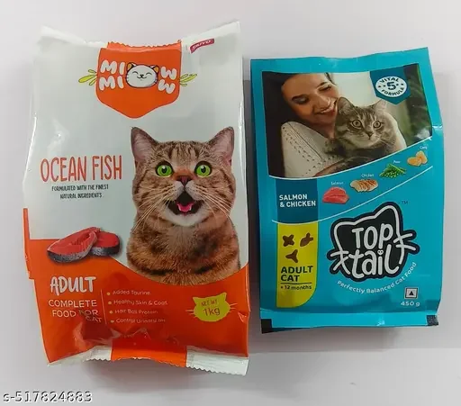 Miow Miow Adult Ocean Fish Dry Cat Food 1kg | High Protein Balanced Diet with Taurine and Omega 3 & 6 | Top Tail Adult Salmon & Chicken Cat Food 450g image 1
