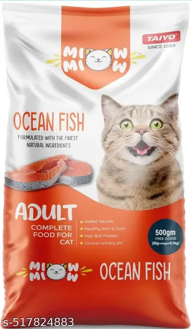 Miow Miow Adult Ocean Fish Dry Cat Food 1kg | High Protein Balanced Diet with Taurine and Omega 3 & 6 | Top Tail Adult Salmon & Chicken Cat Food 450g thumbnail 2