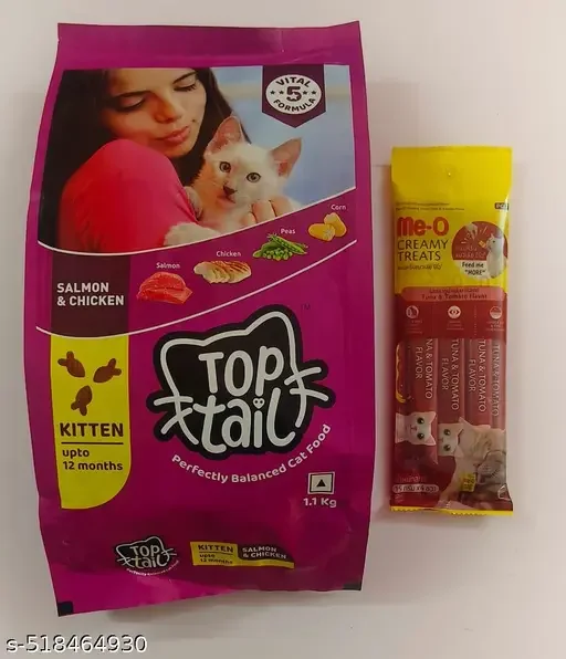 Top Tail Kitten Dry Cat Food - 1.1 Kg | Salmon & Chicken | Premium Kitten Food for All Breeds | Me-O Creamy Cat Treats | Tuna & Tomato Flavor image 1