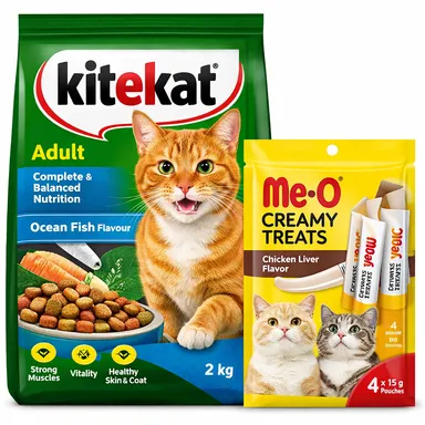 Kitekat Adult Dry Cat Food Ocean Fish Flavour 2kg Pack | Me O Creamy Chicken Liver Treats | Premium Cat Food for All Breeds thumbnail 0