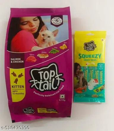 Top Tail Kitten Dry Cat Food 1.1 Kg | Salmon & Chicken | Fortified with Vitamins & Minerals | Premium Nutrition for Kittens Upto 12 Months | Includes Creamy Crab Flavour Lickable Cat Treats 60g thumbnail 0