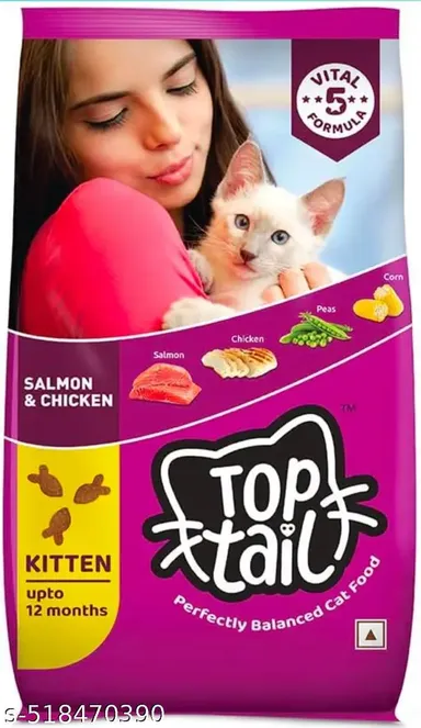 Top Tail Kitten Dry Cat Food 1.1 Kg | Salmon & Chicken | Fortified with Vitamins & Minerals | Premium Nutrition for Kittens Upto 12 Months | Includes Creamy Crab Flavour Lickable Cat Treats 60g thumbnail 1