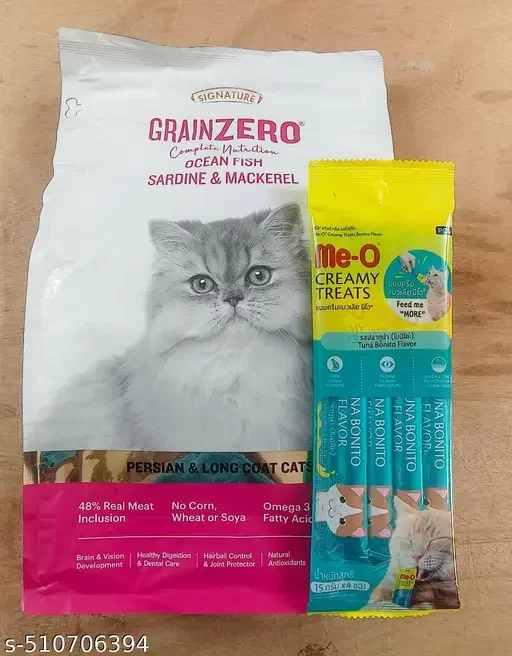 Grain Zero Signature Ocean Fish Sardine Mackerel Persian Long Coat Dry Cat Food 1.2kg | Me-O Creamy Tuna Bonito Cat Treats 60g | All Life Stages, Premium Fish Cat Food image 1