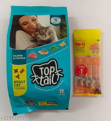 Top Tail Adult Dry Cat Food 1.2kg | Salmon Chicken Premium Cat Food | Me-O Creamy Cat Treats Salmon Flavor for All Cat Breeds and Life Stages thumbnail 0