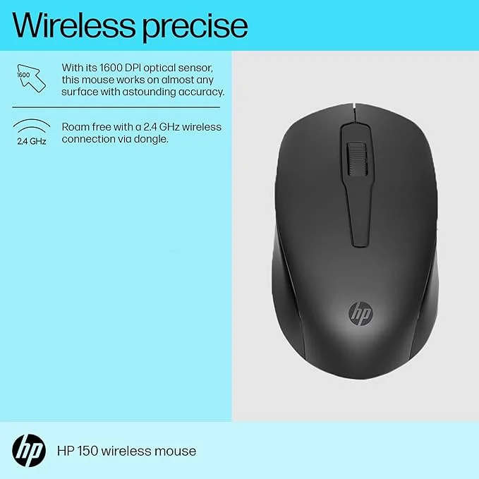 HP 150 Wireless Mouse |1600 DPI| 10m Range| Ambidextrous| Ergonomic Design with Rubber Grip| 2.4 GHz USB Dongle for PC & Laptop image 2