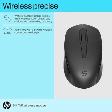 HP 150 Wireless Mouse |1600 DPI|  10m Range| Ambidextrous| Ergonomic Design with Rubber Grip| 2.4 GHz USB Dongle for PC & Laptop thumbnail 1