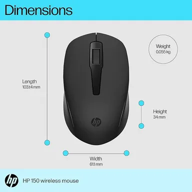 HP 150 Wireless Mouse |1600 DPI|  10m Range| Ambidextrous| Ergonomic Design with Rubber Grip| 2.4 GHz USB Dongle for PC & Laptop thumbnail 3