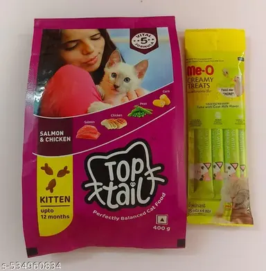 Top Tail Kitten Dry Cat Food | Salmon & Chicken | Fortified with Vitamins Minerals | Me O Tuna Goat Milk Creamy Treats | Premium Cat Food for All Breeds thumbnail 0