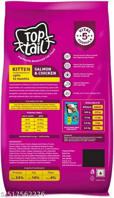 Top Tail Kitten Dry Cat Food | 400g | Balanced Diet with Salmon and Chicken | Best Dry Kitten Food for 1 to 12 Months | Fortified with Vitamins and Taurine thumbnail 1