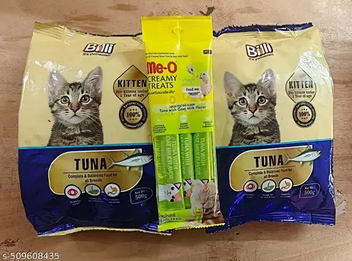 BILLI Dry Food for Kittens (2-12 months) - Tuna Flavor 500gm (Pack of 2) + Me O Creamy Treats Tuna with Goat Milk Flavour 60gm - Best Quality for All Cat Breeds image 1