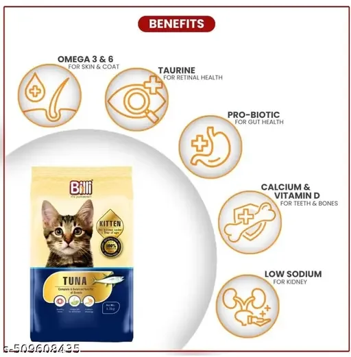 BILLI Dry Food for Kittens (2-12 months) - Tuna Flavor 500gm (Pack of 2) + Me O Creamy Treats Tuna with Goat Milk Flavour 60gm - Best Quality for All Cat Breeds image 3