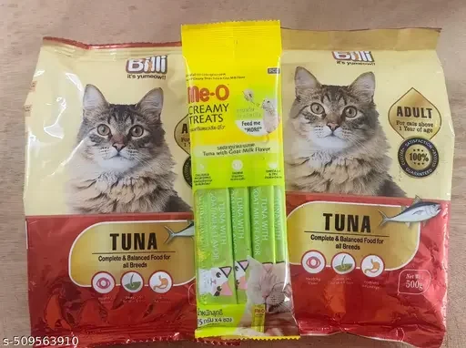 BILLI Cat Food for Adult | Real Tuna 500g Pack of 2 | Complete & Balanced Dry Food for All Adult Cats + Me-O Creamy Treats Tuna with Goat Milk Flavour 60g image 1
