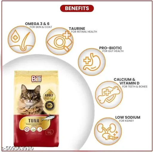 BILLI Cat Food for Adult | Real Tuna 500g Pack of 2 | Complete & Balanced Dry Food for All Adult Cats + Me-O Creamy Treats Tuna with Goat Milk Flavour 60g image 4
