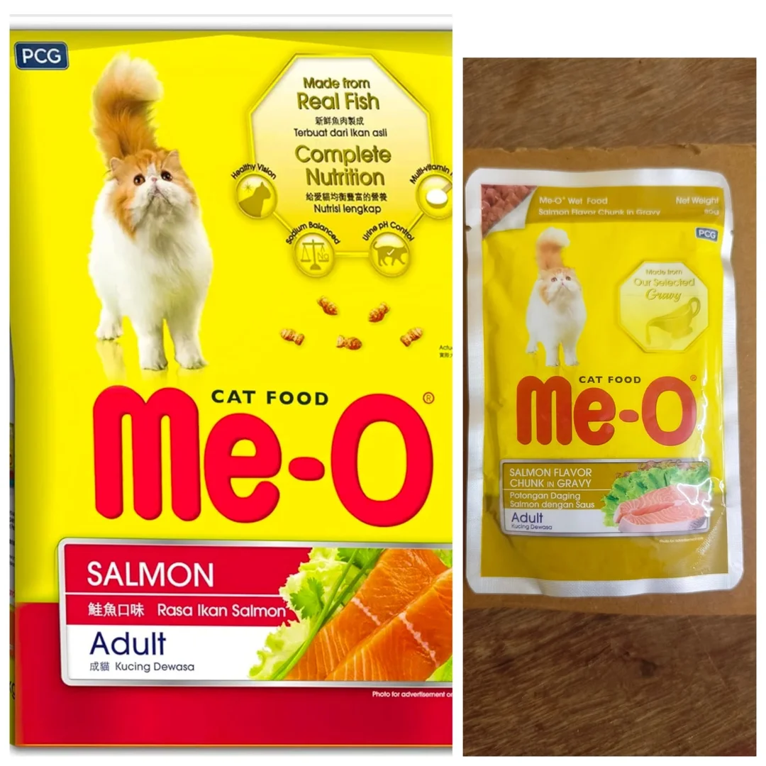 Me O Adult Dry Cat Food Gourmet Flavor 400gm. And Adult Salmon Flavor Chunk in Gravy 80gm |Premium Cat Food for All Cat Breeds. Best Quality Food. image 1