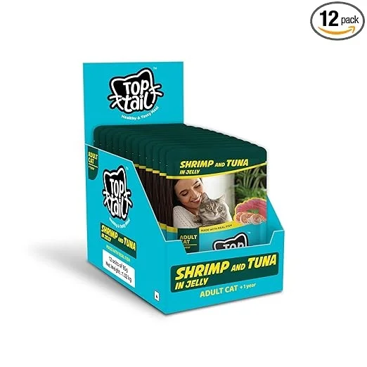 Top Tail Adult Wet Cat Food | Top tail Tuna & Shrimp & Tuna Flavor 85gm Pack of 12pc, High Protein Cat Food for Adult Cats, Vitamins and Minerals Best Quality Food For All cat Breeds. image 1