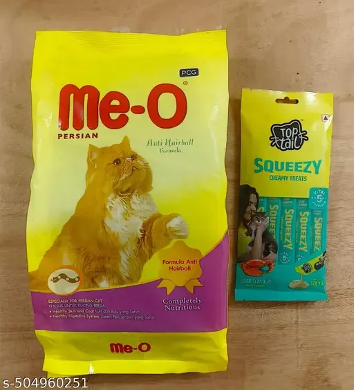 Me-O Adult Dry Cat Food for Persian Cats | Anti Hairball Formula 1.1kg + Toptail Cat Treats Crab Flavor 60g, Squeezy Creamy Treats Rich in Omega-3 & 6 Fatty Acids | Premium Food for All Cat Breeds image 1