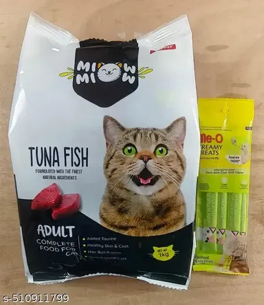TAIYO Miow Miow Adult Tuna Fish Flavour 1.2kg | Dry Cat Food for All Breeds, Complete & Balanced Diet, Omega-3 & Omega-6, Healthy Skin & Coat, Taurine-Enriched | Me-O Creamy Cat Treats Tuna with Goat Milk 60gm thumbnail 0