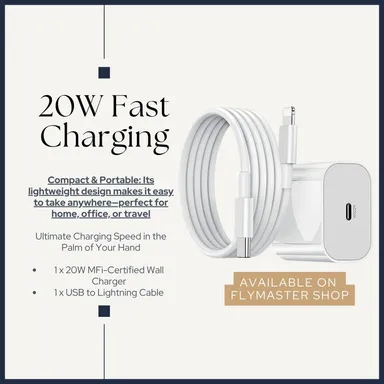 20W MFi Certified Fast Charger for iPhone 14|13|12|11|X|XR | USB-C to Lightning Cable | Fly Master thumbnail 4