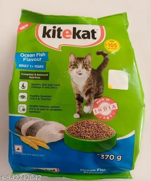 Kitekat Adult Dry Cat Food Ocean Fish Flavor 370gm | Complete & Balanced Nutrition for Adult Cats, Premium Fish Flavored Food for Healthy Coat & Muscles image 1