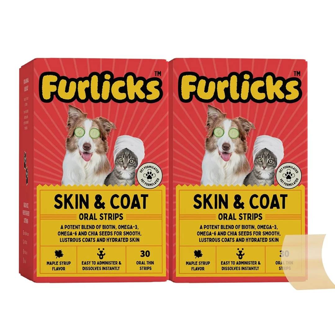 Furlicks Skin & Coat Supplement for Dogs & Cats Pack Of 2 (30 strips)| Biotin Omega 3 & 6 Fatty Acids, Chia Seeds for Shiny Fur Healthy Skin & Reduced Shedding image 1