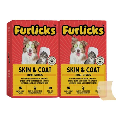 Furlicks Skin & Coat Supplement for Dogs & Cats  Pack Of 2 (30 strips)| Biotin Omega 3 & 6 Fatty Acids, Chia Seeds for Shiny Fur Healthy Skin & Reduced Shedding thumbnail 0