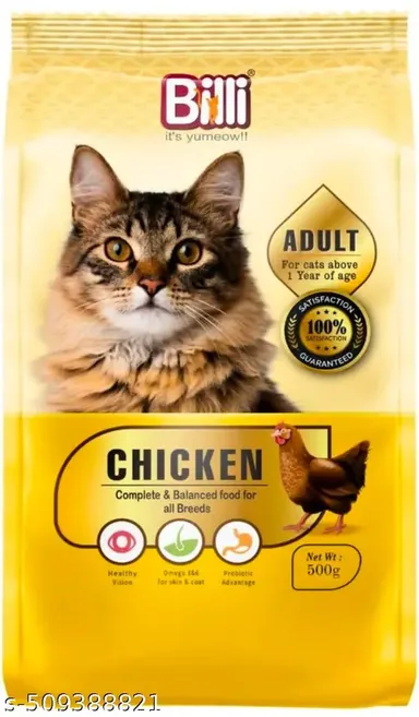 BILLI Cat Food for Adult Real Chicken Flavor 500gm |Me O Creamy Treats Chicken Liver Flavor |Complete Balanced Dry Food for Adult Cats. Healthy Skin Coat.  thumbnail 1