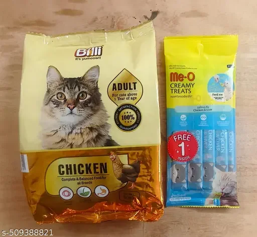 BILLI Cat Food for Adult Real Chicken Flavor 500gm |Me O Creamy Treats Chicken Liver Flavor |Complete Balanced Dry Food for Adult Cats. Healthy Skin Coat. image 4