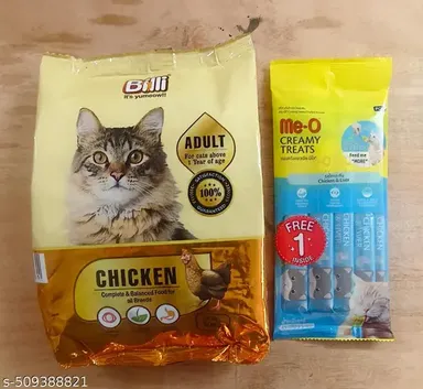 BILLI Cat Food for Adult Real Chicken Flavor 500gm |Me O Creamy Treats Chicken Liver Flavor |Complete Balanced Dry Food for Adult Cats. Healthy Skin Coat.  thumbnail 3