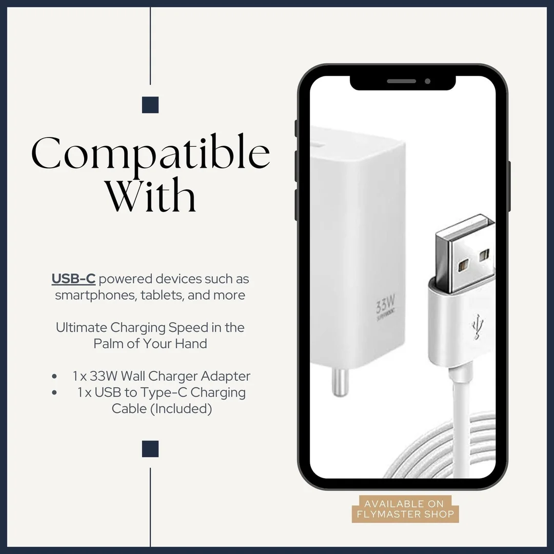 33W Fast Charger Adapter with USB to Type-C Cable | Quick Charge 3.0 Wall Charger for USB-C Devices | Fly Master image 5