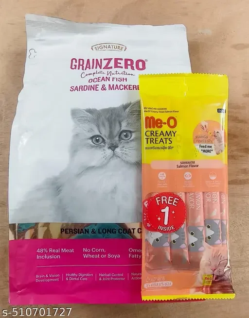 Dry Cat Food for Persian Cats 1.2kg| Grain Zero Ocean Fish Sardine Mackerel | Hypoallergenic Long Coat Cat Food | Me O Creamy Salmon Cat Treats 60g image 1