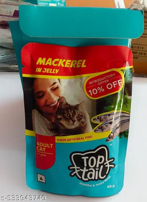 Top Tail Adult Wet Cat Food | Mackerel in Jelly Flavor 85gm Pack of 12, High Protein Cat Food for Adult Cats, Fortified with Vitamins & Omega Best Quality Food For All Cat breeds. image 1