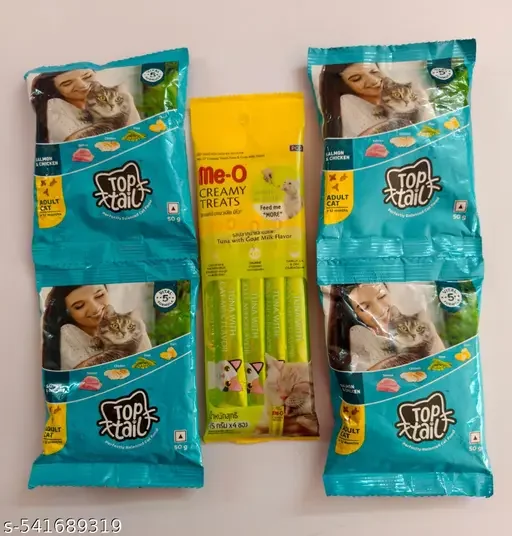 Me-O Creamy Cat Treats |Tuna with Goat Milk Flavor 60gm |Top Tail Adult Dry Cat Food 50g Pack of 4 | Premium Cat Food with Salmon & Chicken | Fortified with Vitamins & Minerals image 1