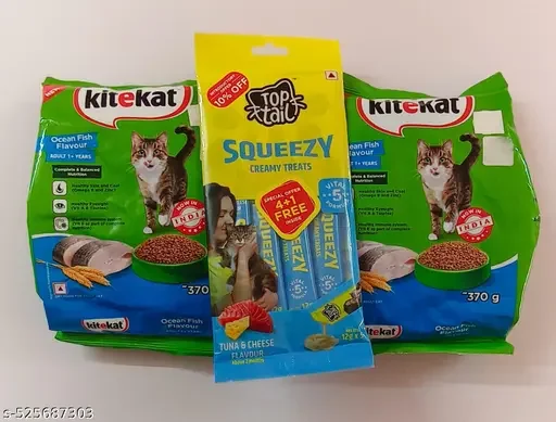 Kitekat Adult Dry Cat Food | Ocean Fish Flavour | 370g Pack of 2 | Complete and Balanced Nutrition | Toptail Tuna & Cheese Creamy Lickable Cat Treats | Premium Treats for All Cat Breeds image 1