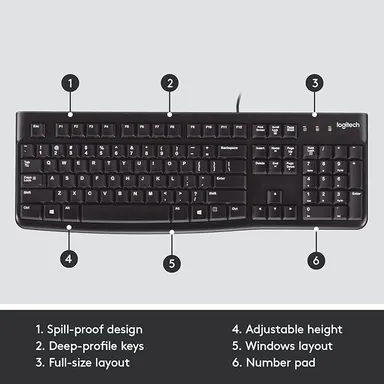 Logitech K120 Full-Size Wired USB Keyboard – Comfortable, Spill-Resistant Office & Home Typing (Black) thumbnail 5