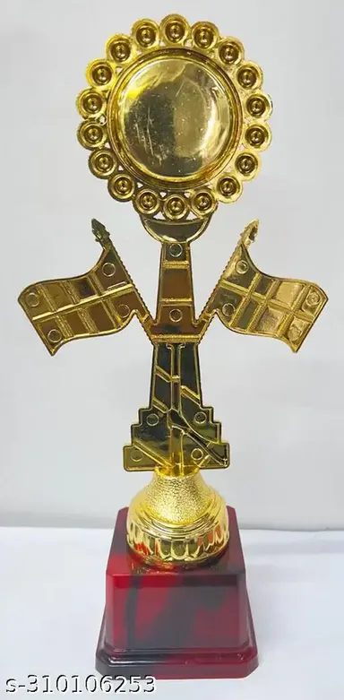 Golden Round Dish 2 Flag Trophy | National Level Trophy | Plastic Trophy for Flag Hosting & Achievers Award thumbnail 1