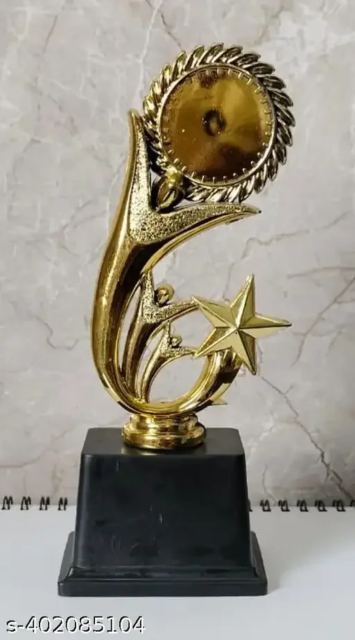 Golden Trophy Small with Black Stand | 3 Humans Sun Star Plastic Award Trophy image 1