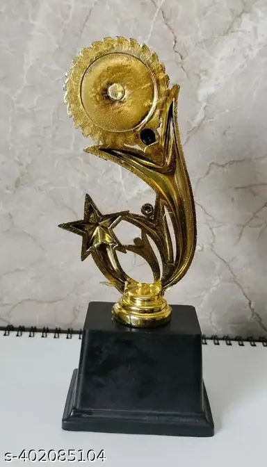 Golden Trophy Small with Black Stand | 3 Humans Sun Star Plastic Award Trophy thumbnail 1