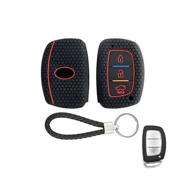 Silicone Key Cover for Hyundai Elite i20 3 Button Smart Key | Push Button Start Models | Black with KC Mini Black Keyring | Fly Master thumbnail 0