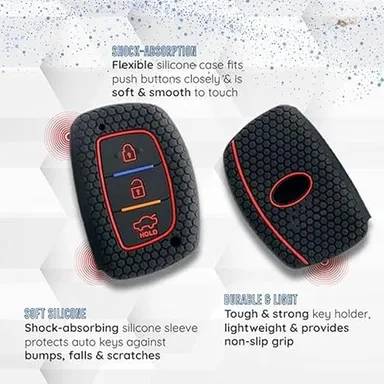 Silicone Key Cover for Hyundai Elite i20 3 Button Smart Key | Push Button Start Models | Black with KC Mini Black Keyring | Fly Master thumbnail 1