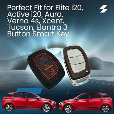 Silicone Key Cover for Hyundai Elite i20 3 Button Smart Key | Push Button Start Models | Black with KC Mini Black Keyring | Fly Master thumbnail 5