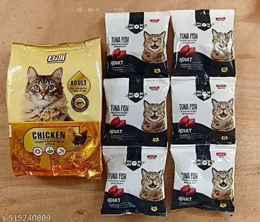 BILLI Adult Cat Food Real Chicken 500g | MIOW MIOW Adult Tuna Fish 50gm Pack of 6 | Complete Dry Cat Food with Natural Ingredients for All Breeds, Healthy Skin & Coat. image 1