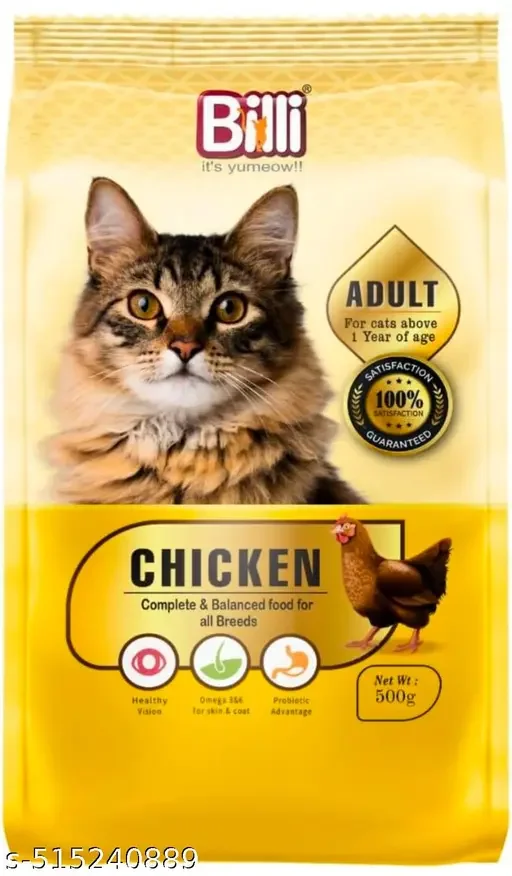 BILLI Adult Cat Food Real Chicken 500g | MIOW MIOW Adult Tuna Fish 50gm Pack of 6 | Complete Dry Cat Food with Natural Ingredients for All Breeds, Healthy Skin & Coat. image 3
