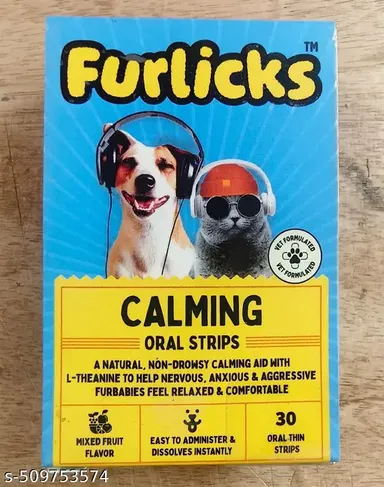 Furlicks Calming Aid for Dogs & Cats | L-Theanine, Tryptophan, Chamomile, Ashwagandha | Natural Stress & Anxiety Relief | 60 Oral Dissolving Strips thumbnail 1