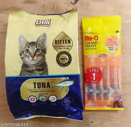 BILLI Dry Food Tuna Flavor Kitten Food 500gm | Me O Creamy Treats Salmon Flavor 60gm Healthy Skin & Coat Best Quality Food For All cat Breeds. image 1