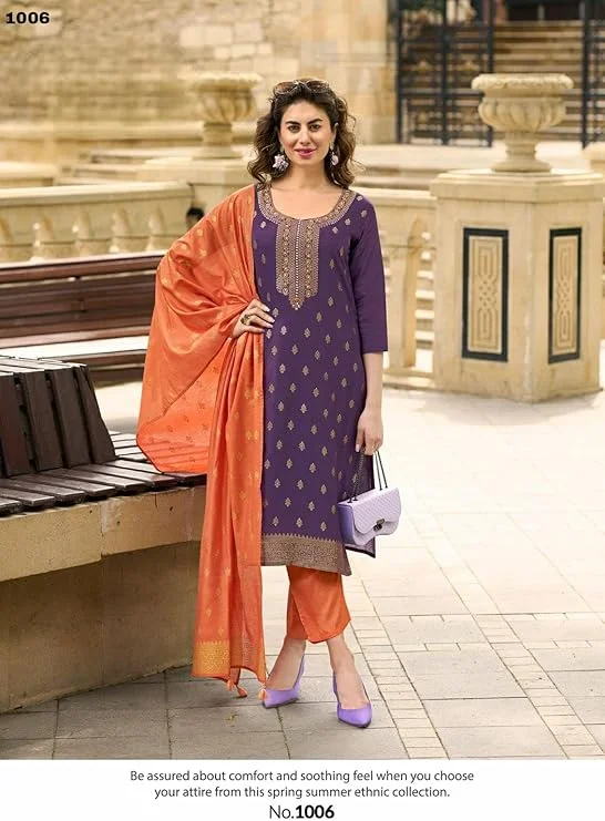Purple Jacquard Stitched Suit Set | Yoke Embroidered Regular Wear image 1