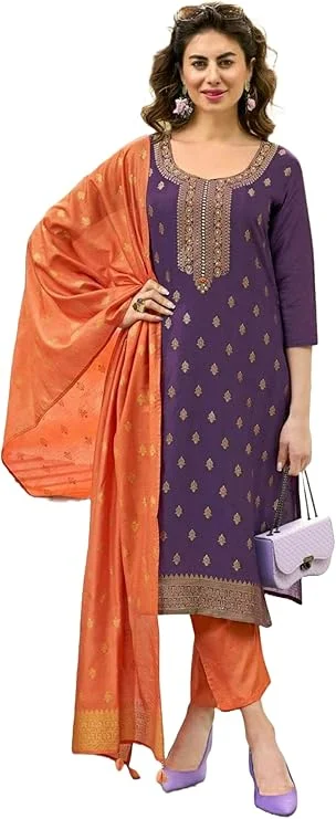 Purple Jacquard Stitched Suit Set | Yoke Embroidered Regular Wear image 2